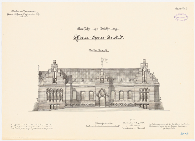 Zeichnung des Hauptsaals des Deutschen Bundestages in Berlin, Deutschland, mit einer Fahne oben und begleitendem Text.