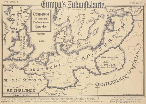 Eine alte Europakarte aus dem frühen 20. Jahrhundert, die das Ausmaß der Europäischen Union zeigt, mit begleitendem Text.