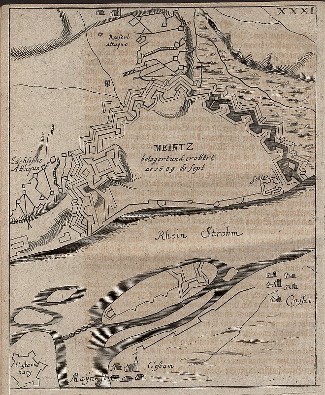 Ein detaillierter alter Stadtplan von Meintz, Deutschland, der Straßen, Gebäude und Sehenswürdigkeiten zeigt, mit begleitendem Text über die Bevölkerung, Lage und Geschichte der Stadt.