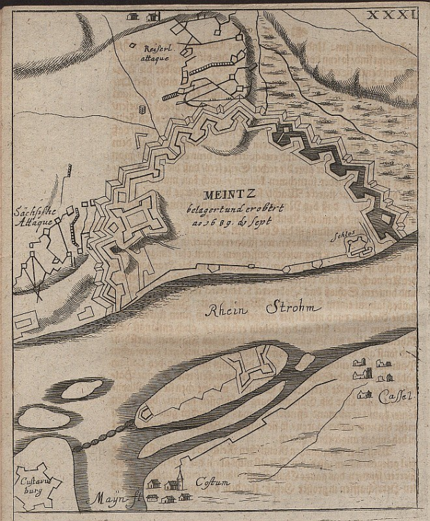Ein detaillierter alter Stadtplan von Meintz, Deutschland, der Straßen, Gebäude und Sehenswürdigkeiten zeigt, mit begleitendem Text über die Bevölkerung, Lage und Geschichte der Stadt.