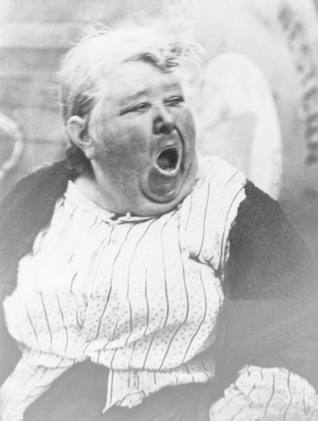 Ein Schwarz-Weiß-Foto einer Frau, die im Vordergrund schreiend zu sehen ist, mit einer Wand und einigen Gegenständen im Hintergrund.