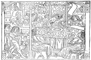 Schwarze und weiße Mittelalter-Festillustration mit Menschen an einem Tisch mit Tellern, Speisen und Gegenständen, begleitet von Text unten.