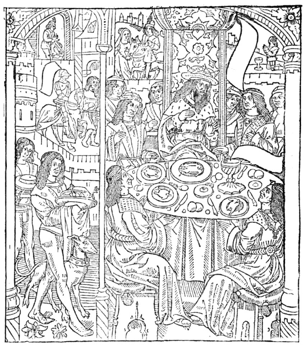 Schwarze und weiße Mittelalter-Festillustration mit Menschen an einem Tisch mit Tellern, Speisen und Gegenständen, begleitet von Text unten.