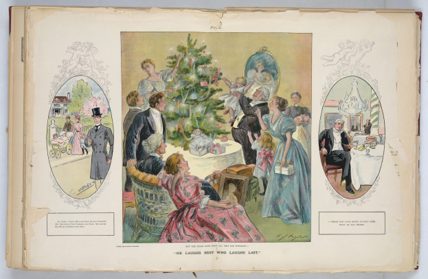 Ein aufgeschlagenes Buch mit einer zentralen Zeichnung eines Weihnachtsbaums umgeben von Bildern von Menschen, Möbeln und anderen Gegenständen, mit Text unten.