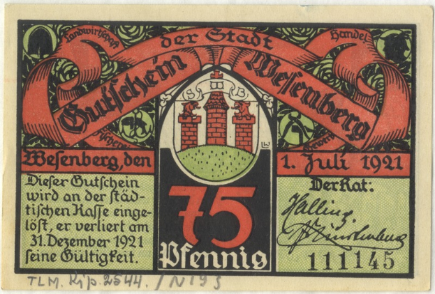 Ein altes deutsches Banknotenbild mit einer Gebäude-Illustration, Text 'Bundesliga' und einem Logo unten auf einem weißen Hintergrund.