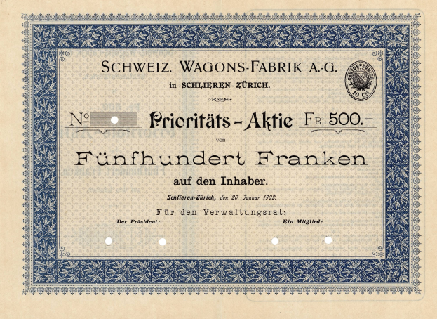 Ein altes deutsches Aktienzertifikat mit blauem Rand, das den Text "Schweiz Wagons-Fabrik A.G." anzeigt