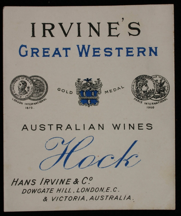 Plakat, das Irvine's Große Western Australian Wines bewirbt, mit Firmenlogos und Text.