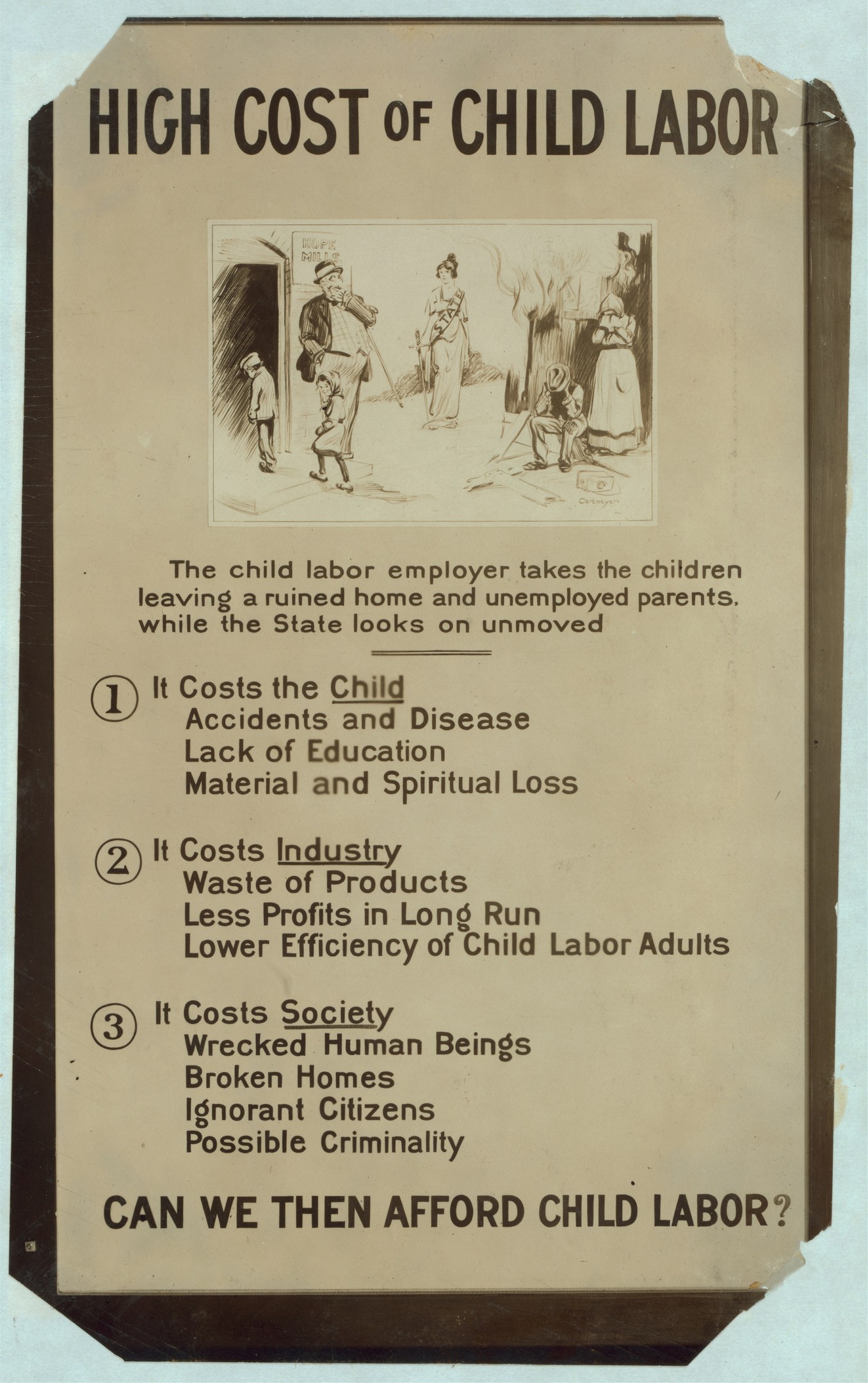 Plakat mit der Überschrift 'Hohes Kosten von Kinderarbeit' mit einem blauen Hintergrund, weißer Schrift und einem weißen Rand, das ein kreisförmiges Arrangement von Gesichtern verschiedener Menschen um die Überschrift zeigt.