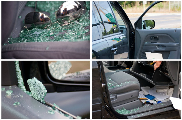 Eine Collage aus vier Bildern: eine Brille auf zerbrochenem Glas, eine Seitenansicht eines Autos, ein zerbrochenes Autofenster und ein Autositz voller Glasscherben.