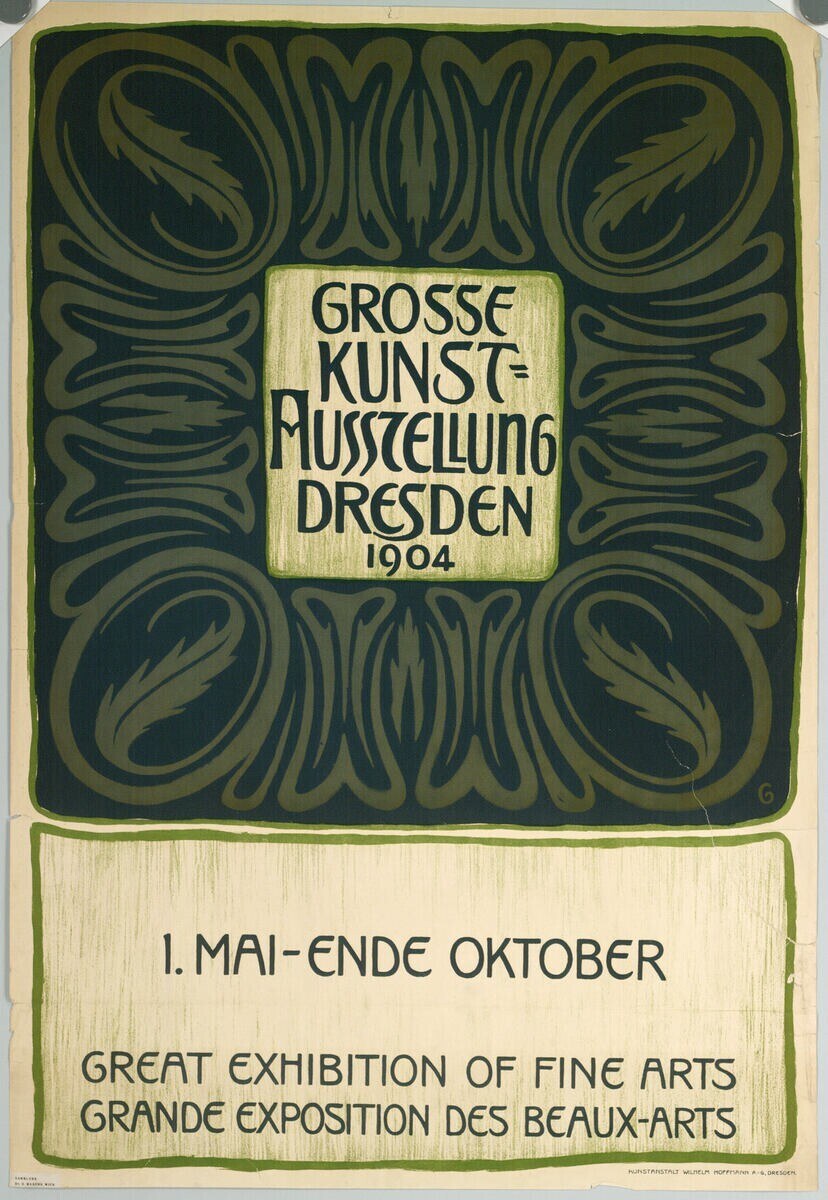 Plakat für die Große Ausstellung der Schönen Künste auf der Großen Ausstellung der Schönen Künste in Dresden, Deutschland, 1904, mit fettem Text, der das Ereignis ankündigt.