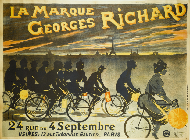 Plakat, das ein Fahrradrennen in Paris ankündigt, mit einer Gruppe von Radfahrern und dem Eiffelturm im Hintergrund, einschließlich der Textdetails des Ereignisses.