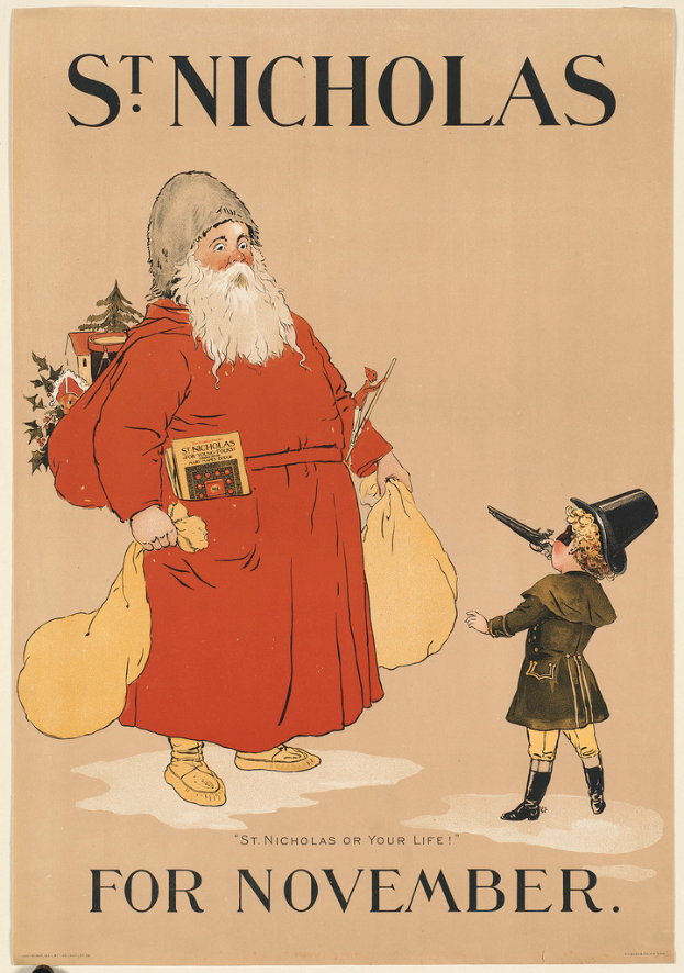 Ein Buchumschlag mit dem Titel "St. Nikolaus für November" mit Santa Claus und einem Kind.