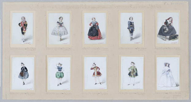 Eine Sammlung von farbenfrohen Frauenkostümen, einschließlich Kleider, mit detaillierten Designs und Mustern, neben fettgedrucktem Text auf Papier.