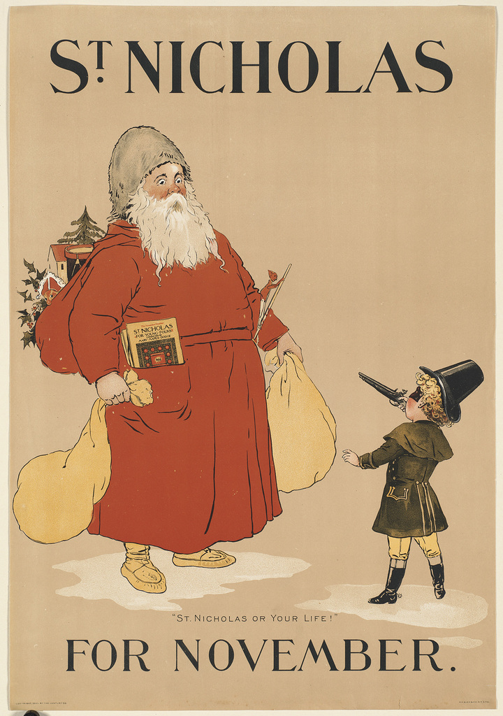 Ein Buchumschlag mit der Aufschrift "St. Nicholas für November" mit Santa Claus und einem Kind.