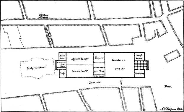 Eine Schwarz-Weiß-Zeichnung eines detaillierten Plans der alten Stadt Amsterdam, die Gebäude, Straßen und Sehenswürdigkeiten zeigt.
