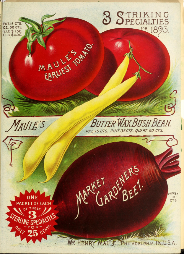 Ein Vintage-Plakat mit einer Vielzahl von farbenfroh gestalteten Gemüsen, darunter Tomaten und Rote Bete, die in einem ansprechenden Muster mit überlappenden Elementen angeordnet sind, und der Text "Market Gardener's Beet" in einer fetten Schrift oben.