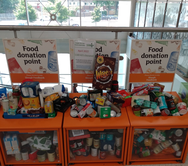 Orangene Schübe mit Lebensmittel wie Flaschen, Dosen und Kartons, neben Texttafeln, mit Fahrzeugen, Bäumen, Gebäuden und Himmel durch Glasfenster im Hintergrund.