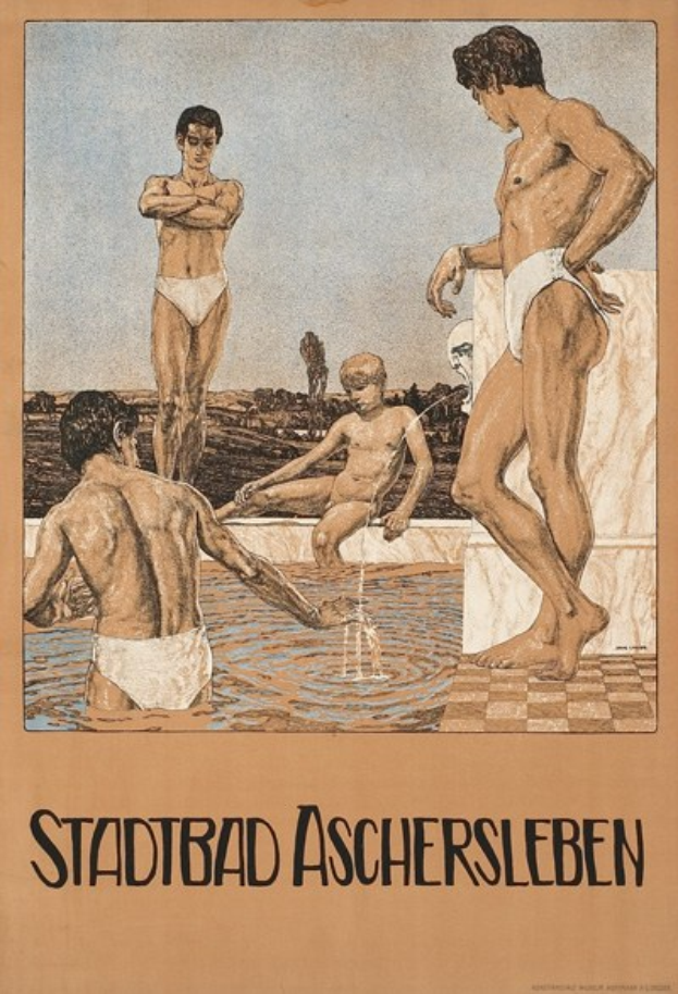 Plakat für ein Schwimmbad in Aschersleben, Deutschland, das Menschen im Wasser zeigt, wobei einer sitzt und Text mit Pool-Informationen.