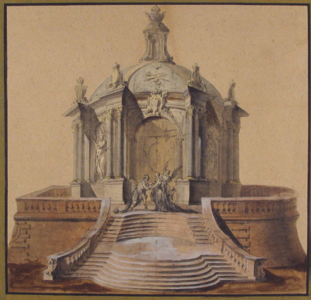 Ein gerahmtes Bild einer Brunnenstatue mit einer Statue darauf, umgeben von Stufen und zusätzlichen Skulpturen im klassischen Stil.