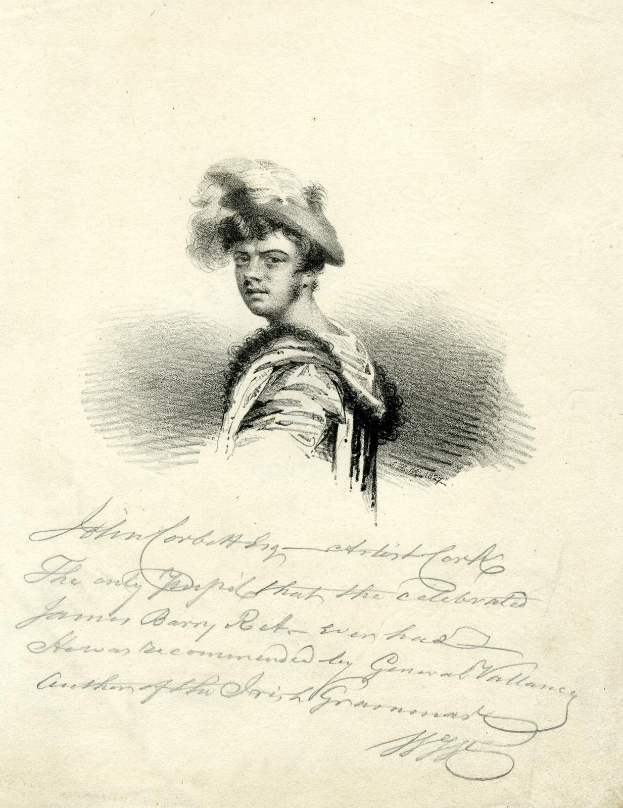 Eine Zeichnung einer Frau in einem Kleid und Hut, identifiziert als John Fordley, mit Text, der sie beschreibt.