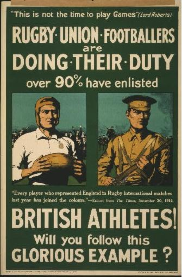 Plakat mit zwei Rugbyspielern mit Text über britische Athleten, die sich zum Dienst melden.