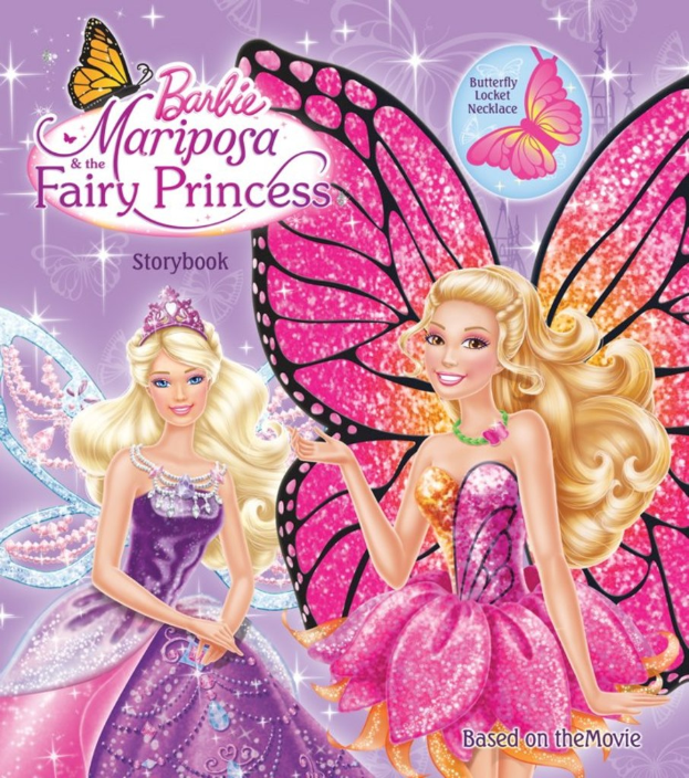 Ein Plakat mit zwei Baby-Mädchen mit Flügeln, beschriftet mit "Barbie Mariposa Fairy Princess."