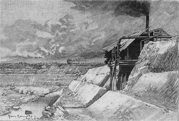 Eine Schwarz-Weiß-Zeichnung eines Kohlebergwerks in einem Feld, mit einem Haus auf der rechten Seite, das Rauch ausstößt, und Text unten, der 'Hans Hampke Kiel - das Kohlebergwerk' lautet.