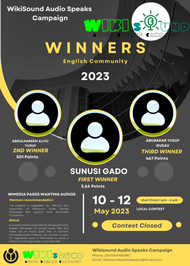 Ein buntes Plakat mit einem blauen Hintergrund und gelber und weißer Schrift, die in fetter Schrift 'Gewinner' lesen, mit mehreren lächelnden Menschen in der Mitte.