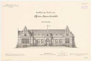 Zeichnung des Hauptsaals des Deutschen Bundestages in Berlin mit einer Flagge darauf und begleitendem Text.