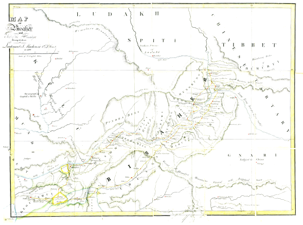 Eine 19. Jahrhundert-Karte des Britischen Empire, die die Himalaya-Hochgebirge hervorhebt, mit detaillierten Textanmerkungen.
