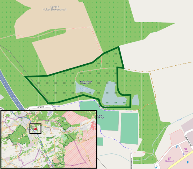 Eine Karte einer Stadt mit einem grünen Bereich in der Mitte, der den geplanten Standort markiert, einschließlich Text, der die Grenzen von Gebäuden, Straßen und anderen Stadtmerkmalen beschreibt.