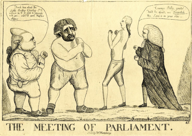 Eine handgezeichnete Skizze von drei Menschen, die stehen und diskutieren, mit einer Person, die animiert gestikuliert, beschriftet mit "Die Parlamentssitzung" unten.