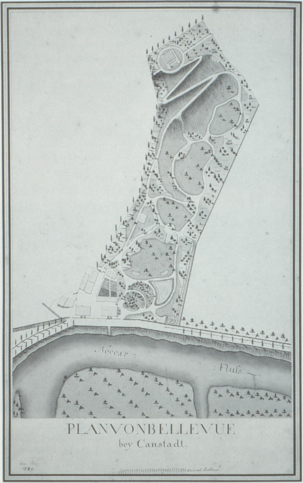 Ein Stadtplanplakat mit einem Fluss, betitelt "Plan von Bellevue by Canstadt".