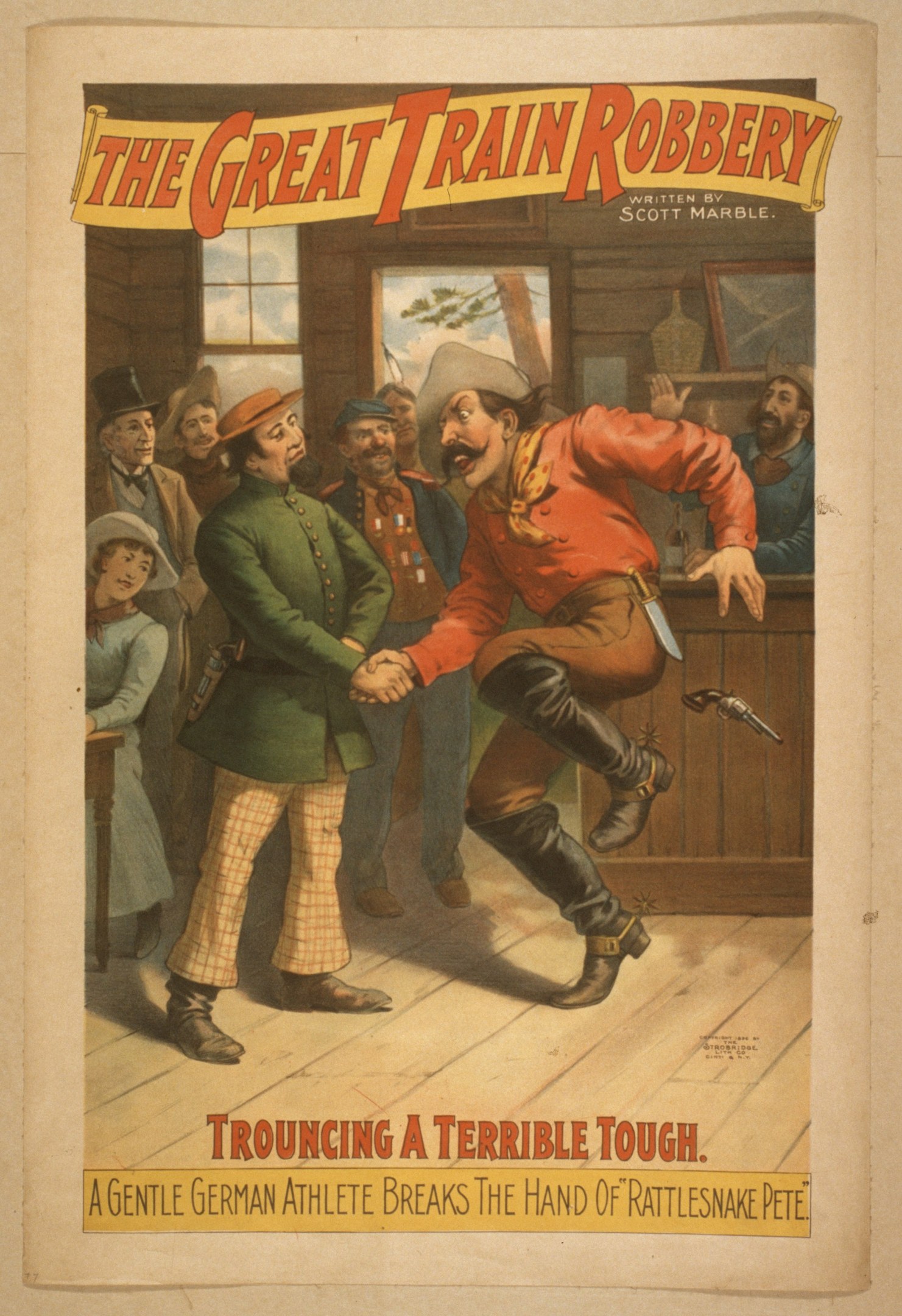 Plakat für "Die große Zugraub" mit einer Gruppe von Menschen, von denen einer eine Waffe hält, einem Fenster im Hintergrund und Text oben und unten.