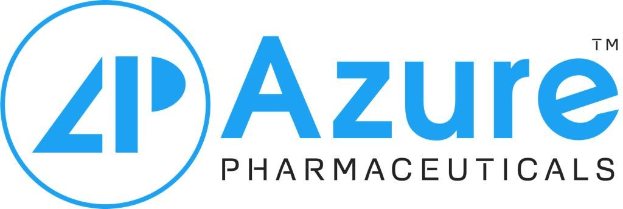 Logo von Azure Pharmaceuticals: markanter schwarzer Unternehmensname in einem blauen Kreis mit weißer Umrandung auf weißem Hintergrund.