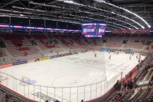 Eishockeyspiel in einer großen Arena zwischen den St. Louis Blues und Detroit Red Wings, mit Zuschauern auf den Sitzen und Stehplätzen in der Nähe des Rinks, umgeben von einem Zaun und einem Display.