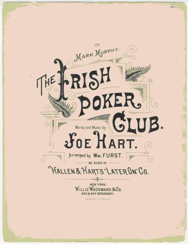 Plakat mit "The Irish Poker Club" in fetter schwarzer Schrift auf einem weißen Hintergrund, eingerahmt von einem dünnen schwarzen Rand, mit einer farbenfrohen Kleeblatt-Illustration.