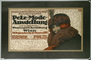 Plakat für ein Wintersport-Event in Wien, Österreich, mit einer lachenden Frau in einem Pelzmantel und Hut sowie Event-Informationstext