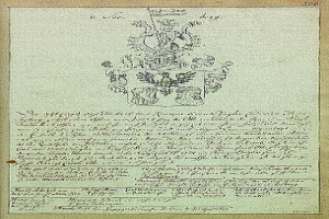 Ein altes Dokument mit einem Wappen, Text und einem Logo oben, das als Geburts- und Taufregister des Kaisers Wilhelm II. von Deutschland gilt.