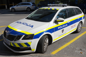 Ein Polizeiwagen steht vor einem Gebäude mit Text darauf und zeigt eines seiner Räder.