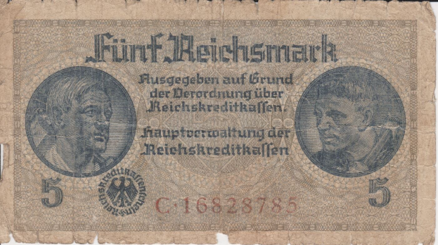 Alte deutsche 5 Reichsmark-Banknote mit einem Mannsporträt, ausgestellt in Deutschland.