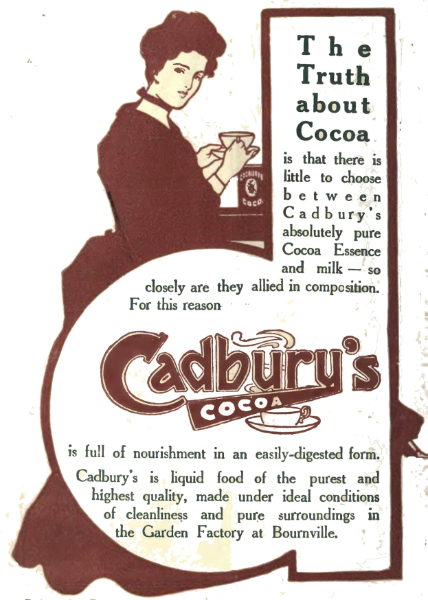 Anzeige für Cadbury's Kakao mit einer Frau, die eine Tasse Kakao hält, mit Werbetext auf dem Plakat.