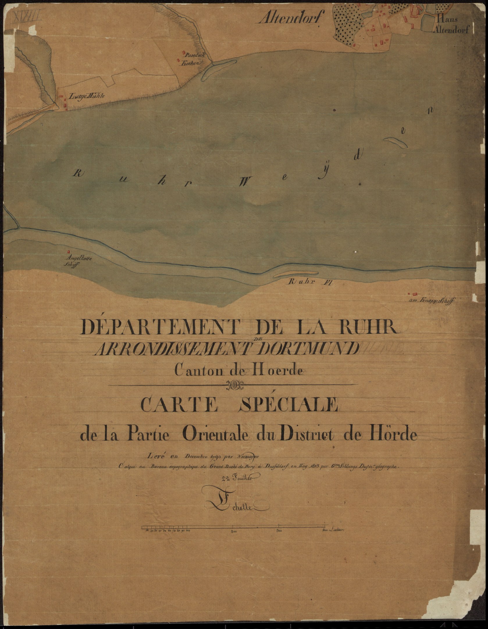 Ein detailliertes altes Stadtplan von Ruhr, Deutschland, das Straßen, Gebäude und Sehenswürdigkeiten mit begleitendem Text über die Bevölkerung, Lage und Geschichte der Stadt zeigt.