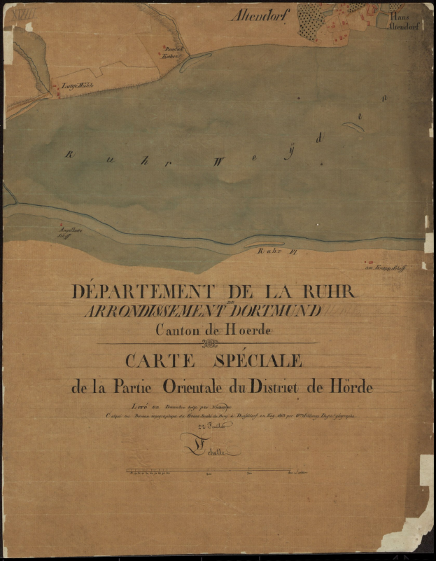 Ein detailliertes altes Stadtplan von Ruhr, Deutschland, das Straßen, Gebäude und Sehenswürdigkeiten mit begleitendem Text über die Bevölkerung, Lage und Geschichte der Stadt zeigt.
