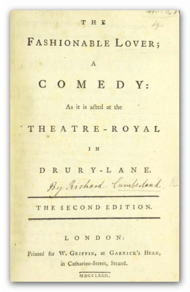 Ein Blatt mit dem Text "The Fashionable Lover: A Comedy as it is acted at the Theatre-Royal in Drury Lane" auf einem weißen Hintergrund.