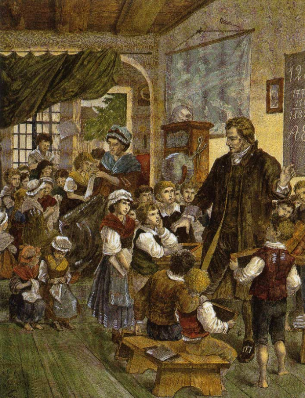 Ein Gemälde namens "Die Lehrerklasse" von William Hogarth, das einen Mann vor einer Klasse mit Kindern zeigt, einige sitzen auf Bänken und andere stehen, mit einer Tafel, einem Foto, einem Fenster, einem Vorhang und einem Dach auf der rechten Seite.