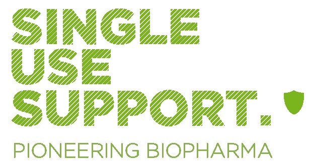 Weißer Hintergrund mit fettgrüner Schrift, die "single use support pioneering biopharma" liest.