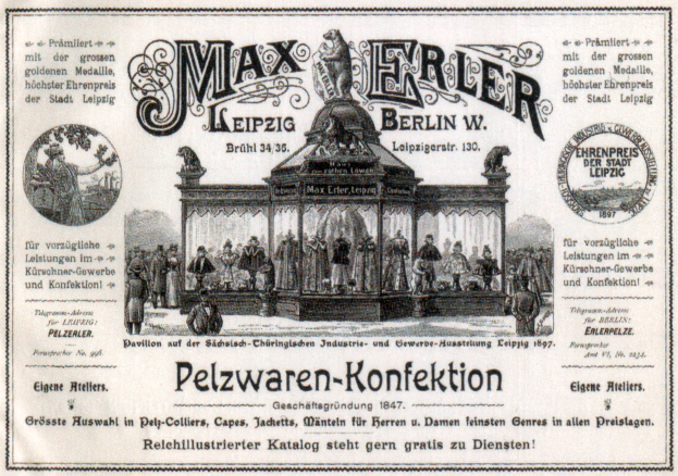 Eine Vintage-Reklame für Max Erler Leipzig in Berlin, Deutschland, die eine Gruppe von Menschen vor einem Gebäude zeigt, mit Text, der wahrscheinlich ein Ereignis bewirbt.