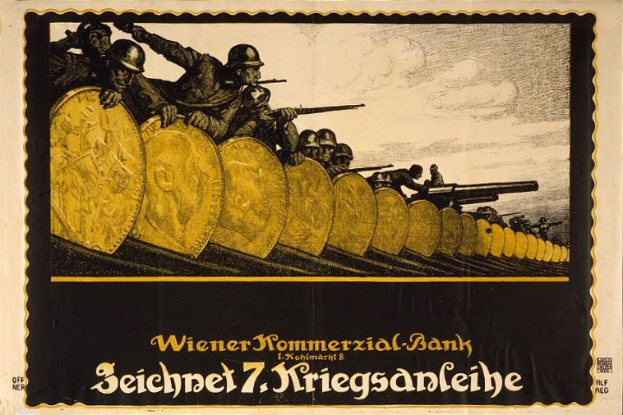 Eine Gruppe von Helmiindividualen mit Waffen, mit 'Wiener Kommmerzial Bank' Text unten auf einem deutschen Weltkriegspropagandaplakat für die deutsche Armee.