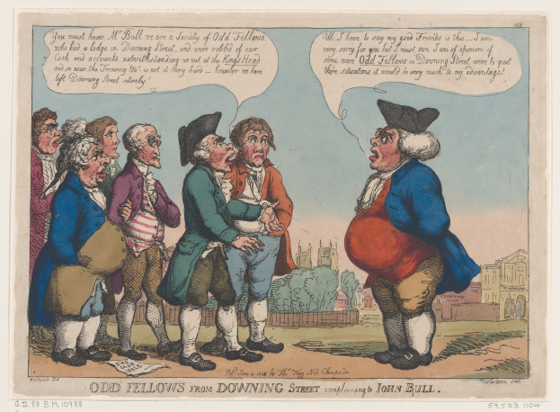 Zeichnung einer Gruppe von Menschen vor einem Gebäude mit Bäumen und Himmel, mit Text unten: 'odd fellows from downing street complaining to John Bull'.